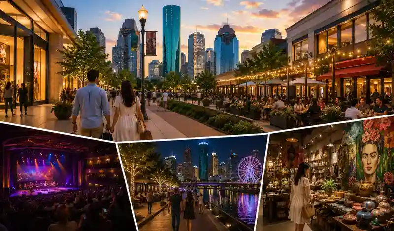 Visitors enjoying shopping, dining, live entertainment, waterfront walks, and local markets in Houston's vibrant districts.
